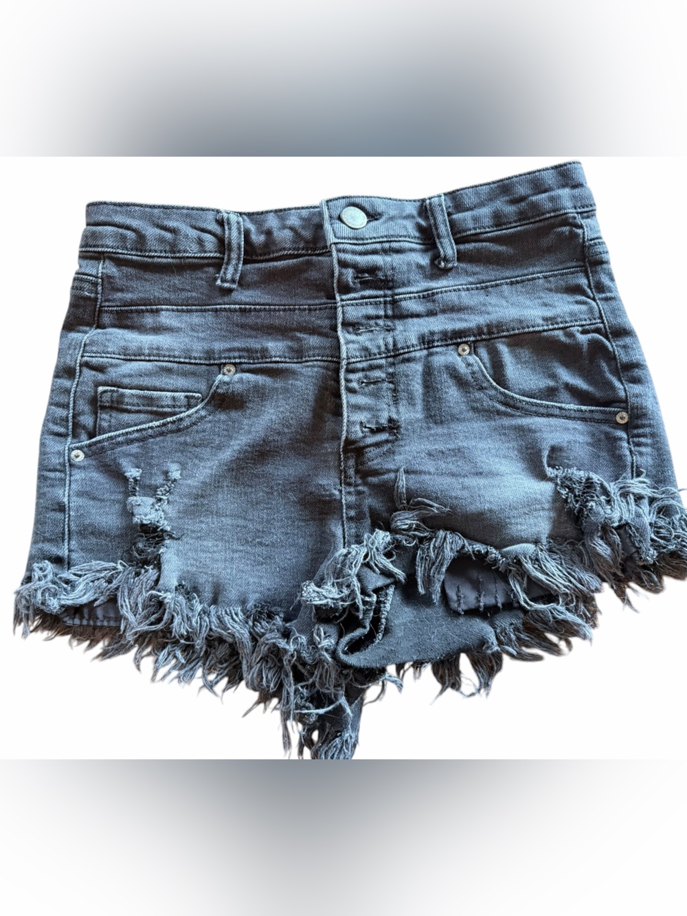 RISEN Black Distressed High Rise Denim Shorts Size S Raw Hem